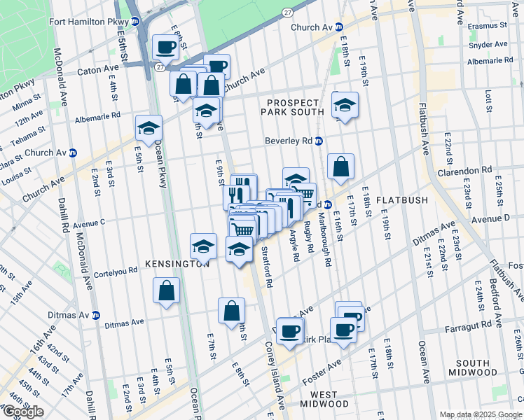 map of restaurants, bars, coffee shops, grocery stores, and more near 313 Stratford Road in Brooklyn