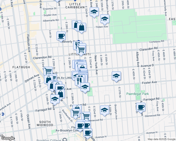 map of restaurants, bars, coffee shops, grocery stores, and more near 3113 Avenue D in Brooklyn
