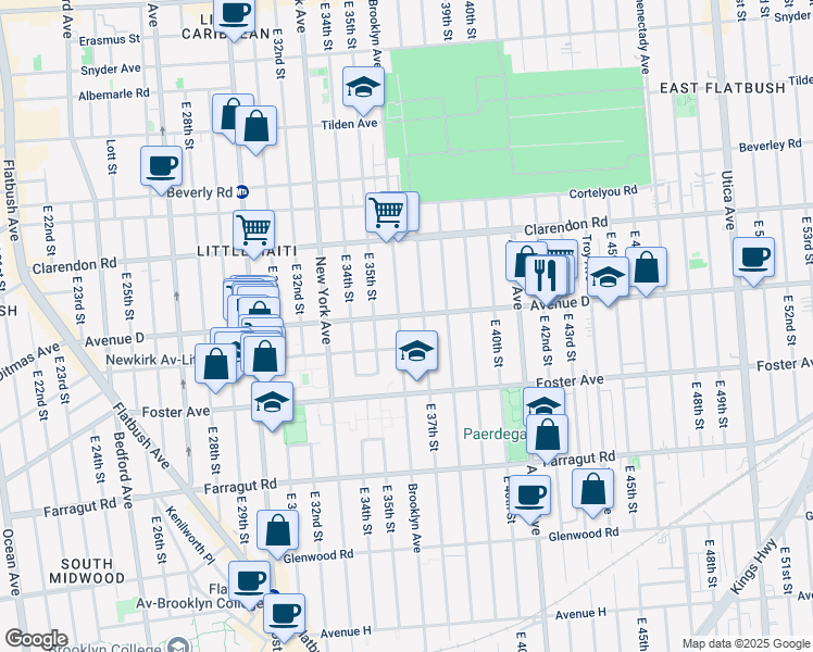 map of restaurants, bars, coffee shops, grocery stores, and more near 1319 Brooklyn Avenue in Brooklyn