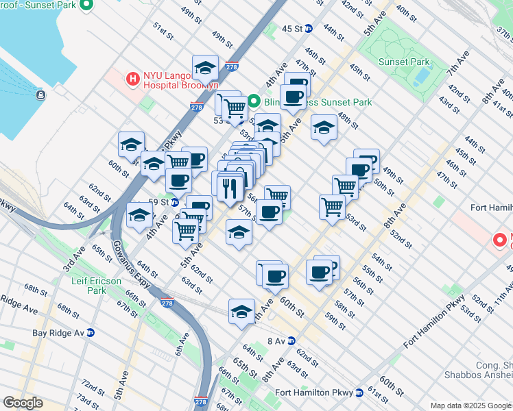 map of restaurants, bars, coffee shops, grocery stores, and more near 538 56th Street in Brooklyn