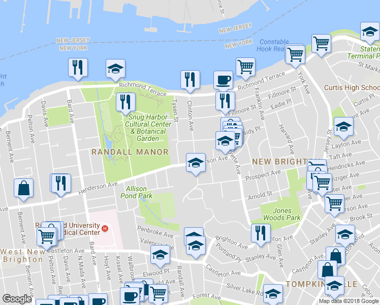 map of restaurants, bars, coffee shops, grocery stores, and more near 144 Clinton Avenue in Staten Island