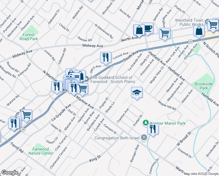 map of restaurants, bars, coffee shops, grocery stores, and more near 37 Poplar Place in Fanwood
