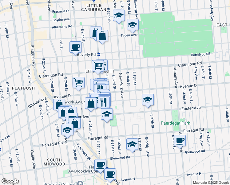 map of restaurants, bars, coffee shops, grocery stores, and more near Avenue D in Brooklyn