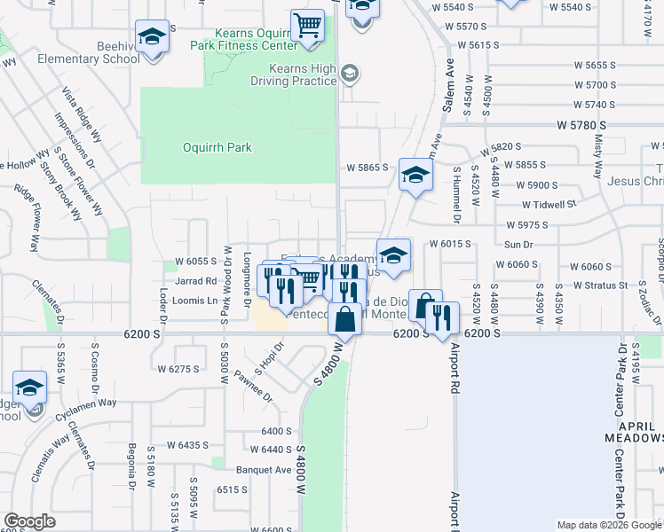map of restaurants, bars, coffee shops, grocery stores, and more near 6070 Cougar Lane in Kearns