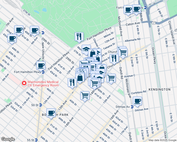 map of restaurants, bars, coffee shops, grocery stores, and more near 3812 13th Avenue in Brooklyn