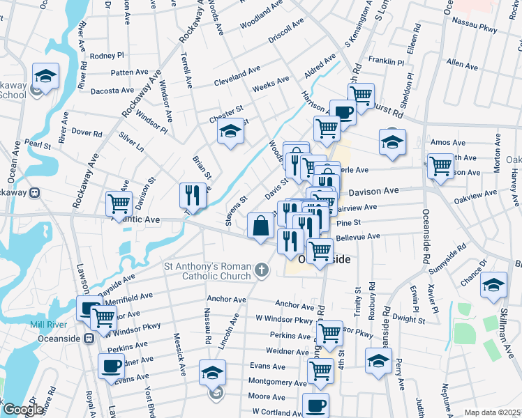 map of restaurants, bars, coffee shops, grocery stores, and more near 2945 Davis Street in Oceanside