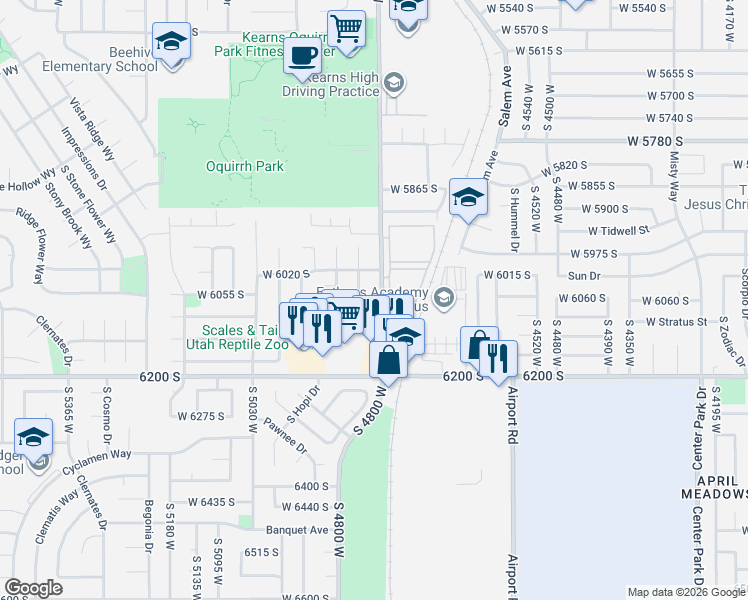 map of restaurants, bars, coffee shops, grocery stores, and more near 6070 Cougar Lane in Kearns