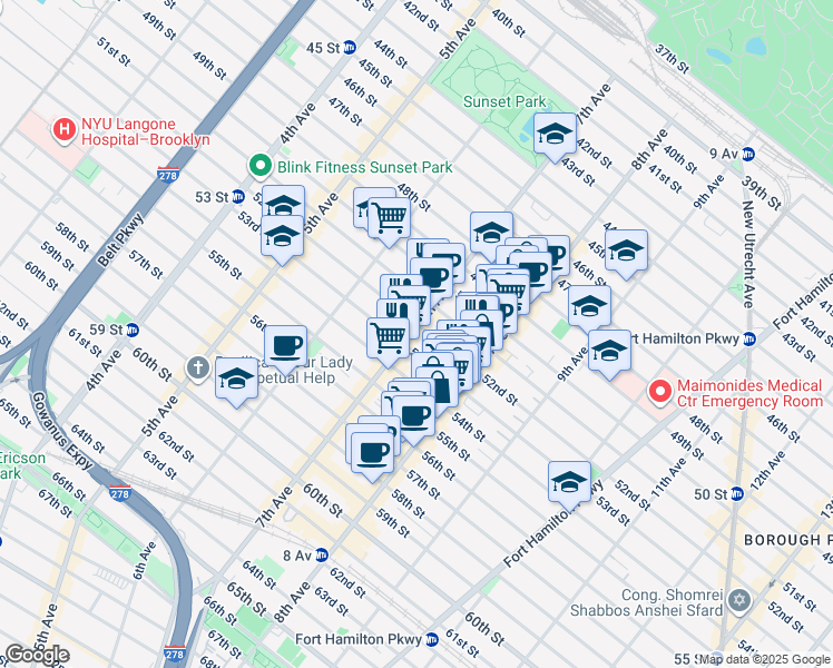 map of restaurants, bars, coffee shops, grocery stores, and more near 5205 7th Avenue in Brooklyn