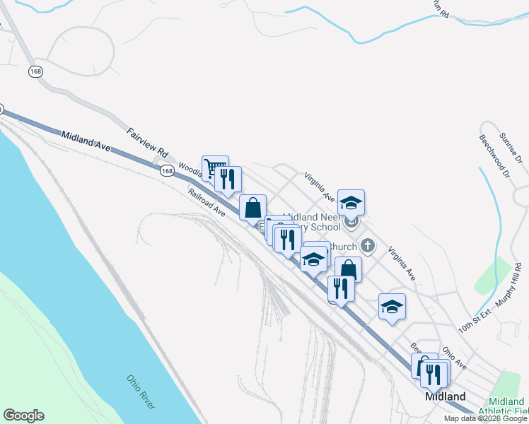map of restaurants, bars, coffee shops, grocery stores, and more near 421 Beaver Avenue in Midland
