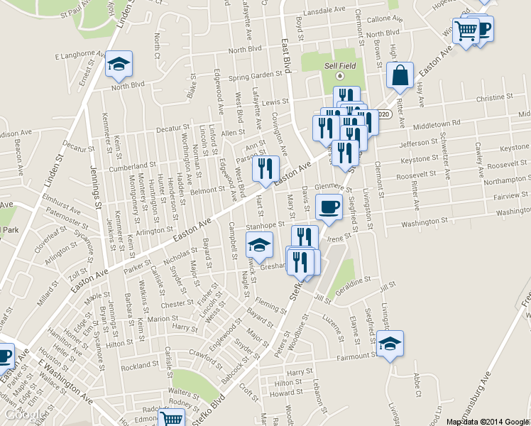 map of restaurants, bars, coffee shops, grocery stores, and more near 2020 Hart Street in Bethlehem
