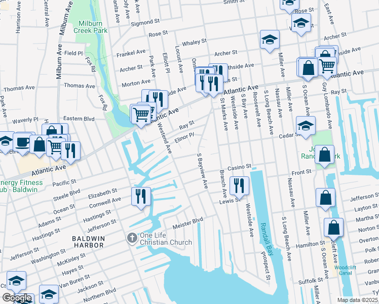 map of restaurants, bars, coffee shops, grocery stores, and more near 16 Johnson Place in Freeport