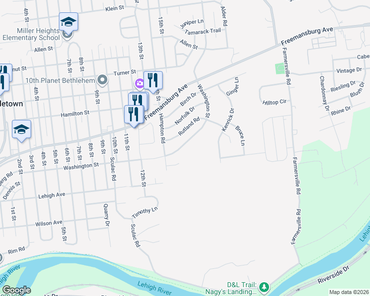 map of restaurants, bars, coffee shops, grocery stores, and more near 3938 Washington Street in Bethlehem