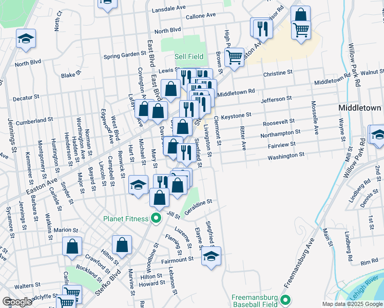 map of restaurants, bars, coffee shops, grocery stores, and more near 1519 Stanhope Street in Bethlehem
