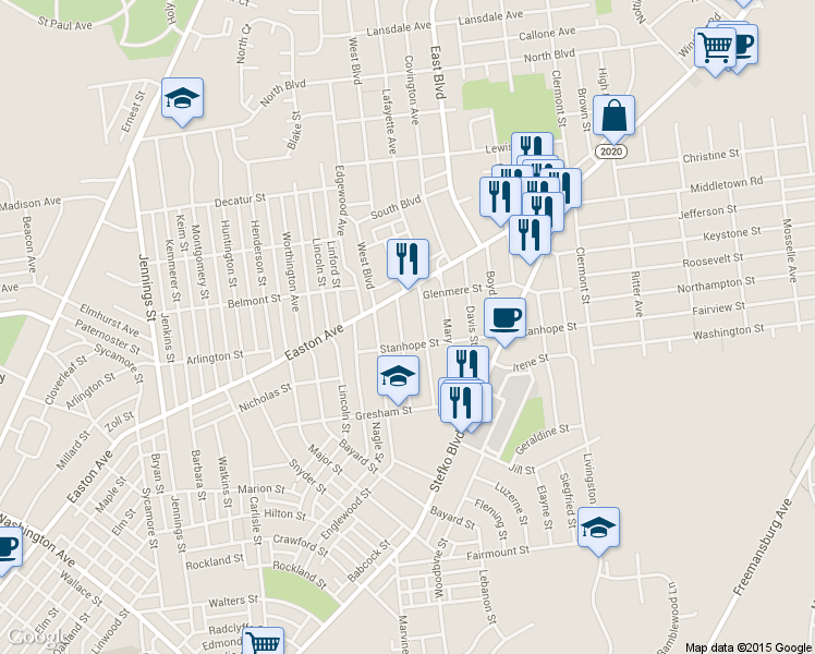map of restaurants, bars, coffee shops, grocery stores, and more near 2020 Hart Street in Bethlehem
