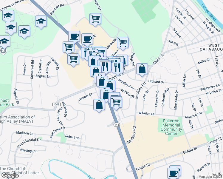 map of restaurants, bars, coffee shops, grocery stores, and more near 1276 Hampshire Drive in Fullerton