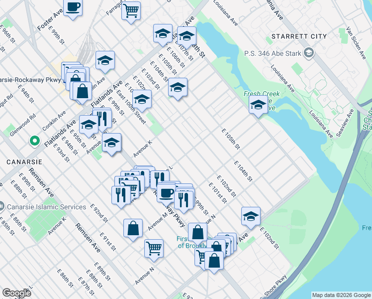 map of restaurants, bars, coffee shops, grocery stores, and more near 20 Avenue L in Brooklyn