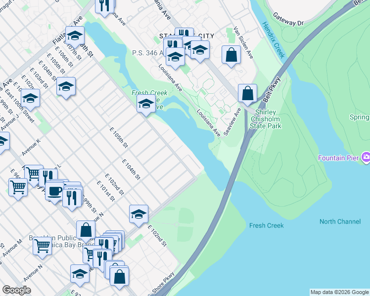 map of restaurants, bars, coffee shops, grocery stores, and more near 10830 Avenue N in Brooklyn