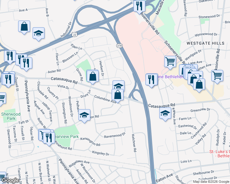 map of restaurants, bars, coffee shops, grocery stores, and more near 1860 Catasauqua Road in Bethlehem