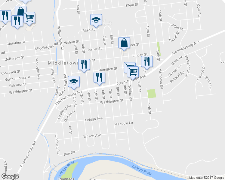 map of restaurants, bars, coffee shops, grocery stores, and more near 1740 7th Street in Bethlehem