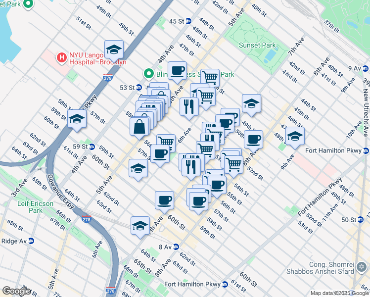 map of restaurants, bars, coffee shops, grocery stores, and more near 620 54th Street in Brooklyn