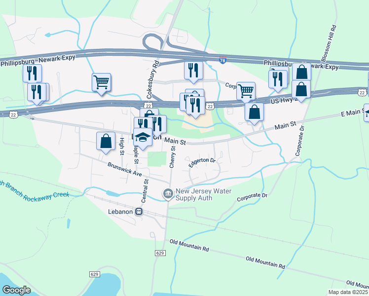 map of restaurants, bars, coffee shops, grocery stores, and more near 111 Main St in Lebanon
