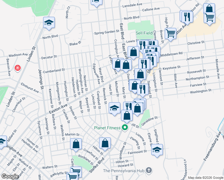 map of restaurants, bars, coffee shops, grocery stores, and more near 2020 Hart Street in Bethlehem
