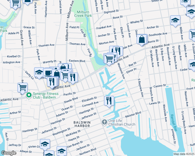 map of restaurants, bars, coffee shops, grocery stores, and more near 2922 Eastern Boulevard in Baldwin