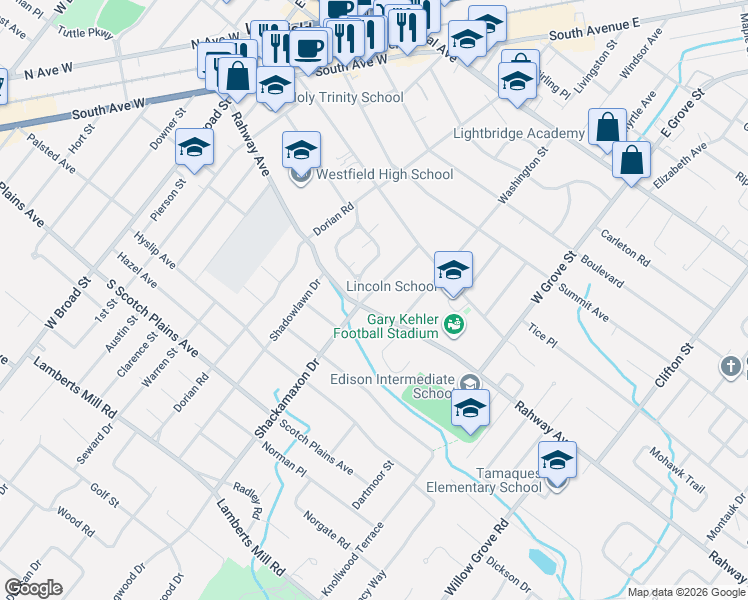 map of restaurants, bars, coffee shops, grocery stores, and more near 561 Shackamaxon Drive in Westfield