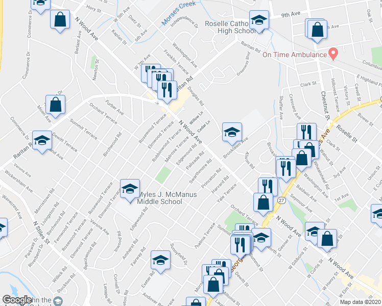 map of restaurants, bars, coffee shops, grocery stores, and more near 33 Edgewood Road in Linden