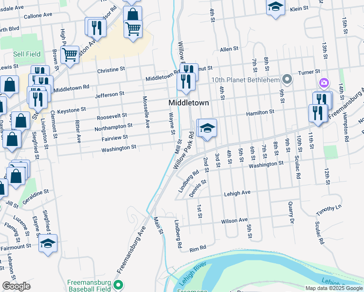 map of restaurants, bars, coffee shops, grocery stores, and more near 1825 Mill St in Bethlehem