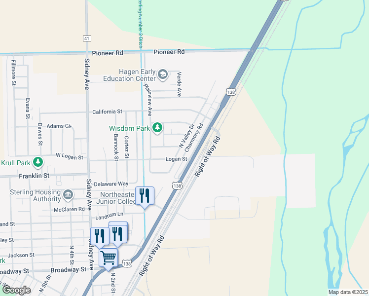 map of restaurants, bars, coffee shops, grocery stores, and more near 315 Valley Drive in Sterling