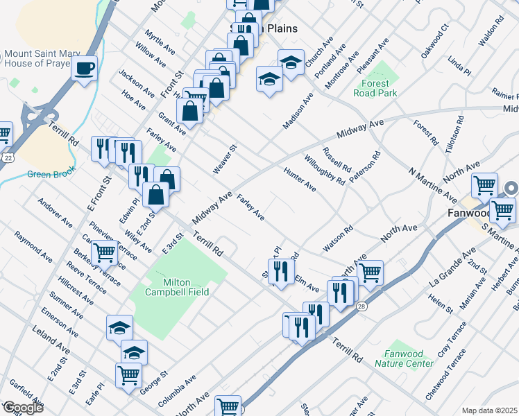 map of restaurants, bars, coffee shops, grocery stores, and more near 170 Farley Avenue in Fanwood