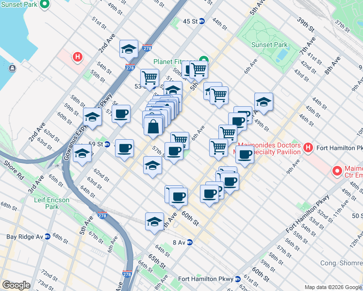 map of restaurants, bars, coffee shops, grocery stores, and more near 572 55th Street in Brooklyn