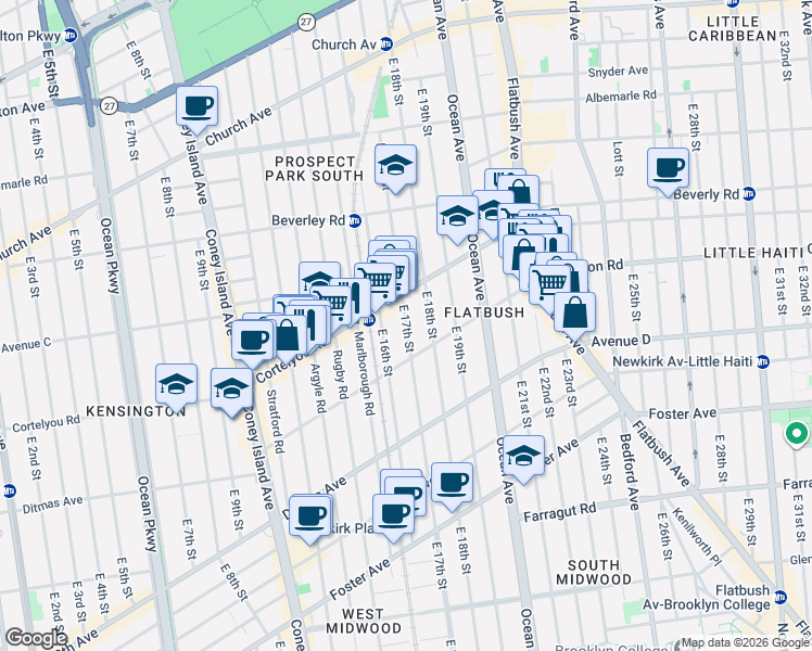 map of restaurants, bars, coffee shops, grocery stores, and more near 401 East 17th Street in Brooklyn