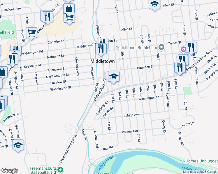 map of restaurants, bars, coffee shops, grocery stores, and more near 1818 1st Street in Bethlehem