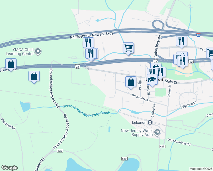 map of restaurants, bars, coffee shops, grocery stores, and more near 6 Nitzer Avenue in Lebanon