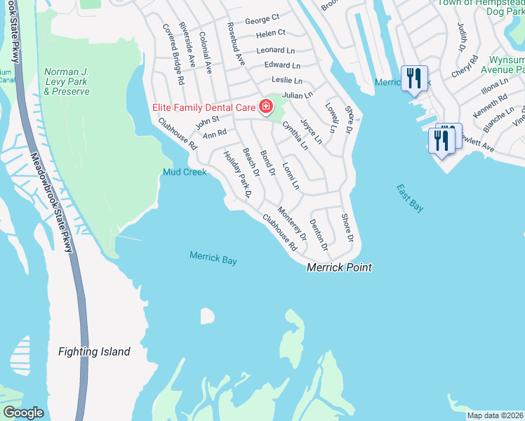 map of restaurants, bars, coffee shops, grocery stores, and more near 3045 Beach Drive in Merrick