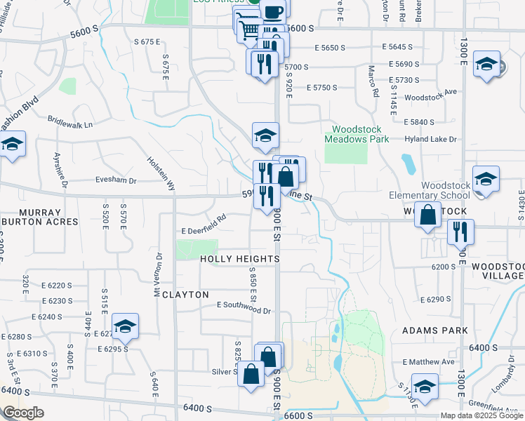 map of restaurants, bars, coffee shops, grocery stores, and more near 6084 900 East in Murray