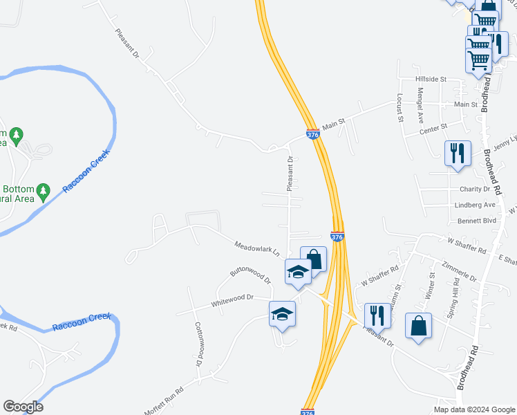 map of restaurants, bars, coffee shops, grocery stores, and more near 275 Pleasant Drive in Aliquippa