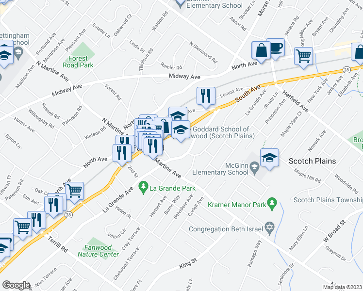 map of restaurants, bars, coffee shops, grocery stores, and more near 330 South Avenue in Fanwood