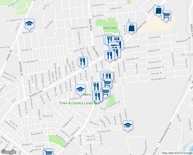 map of restaurants, bars, coffee shops, grocery stores, and more near 2011 Davis Street in Bethlehem