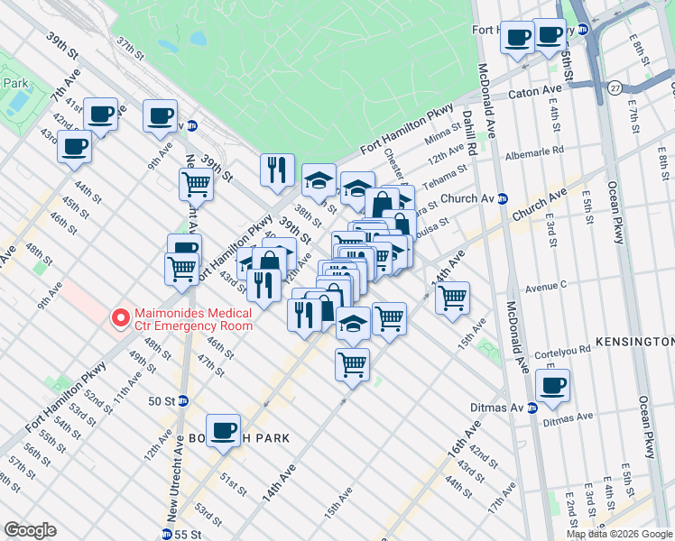 map of restaurants, bars, coffee shops, grocery stores, and more near 1238 39th Street in Brooklyn