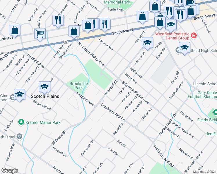 map of restaurants, bars, coffee shops, grocery stores, and more near 744 W Broad St in Westfield