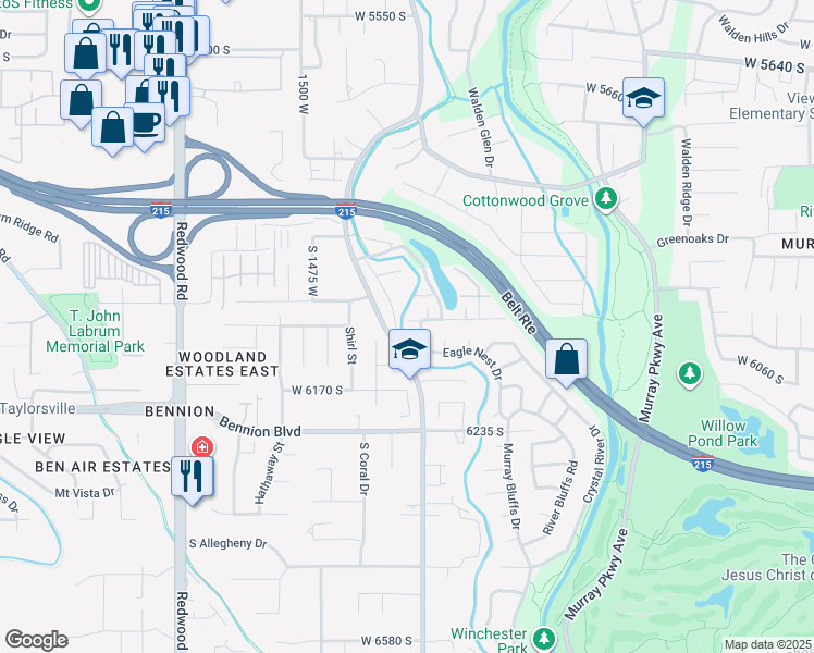 map of restaurants, bars, coffee shops, grocery stores, and more near 1297 Glencoe Drive in Taylorsville