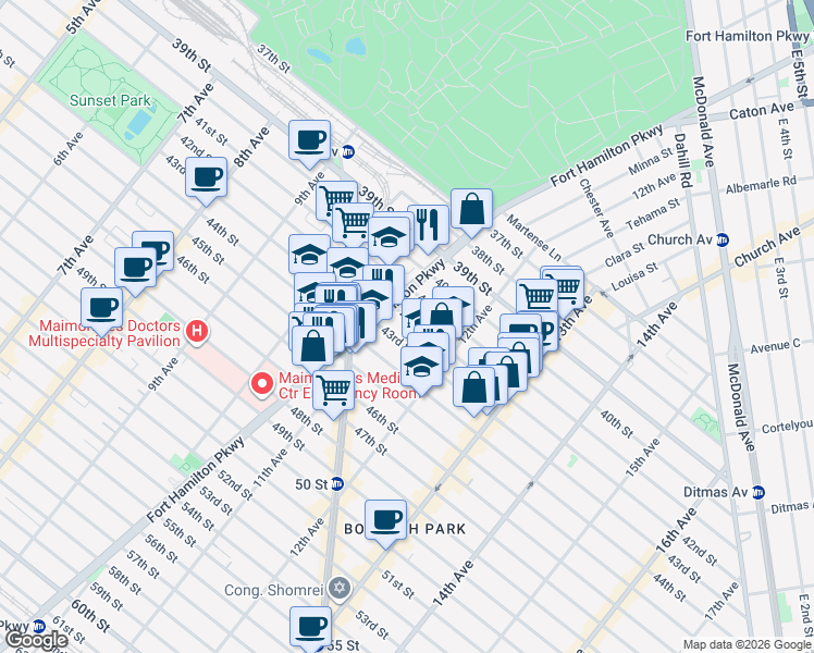 map of restaurants, bars, coffee shops, grocery stores, and more near 1128 42nd Street in Brooklyn