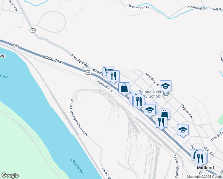 map of restaurants, bars, coffee shops, grocery stores, and more near 320 Midland Avenue in Midland