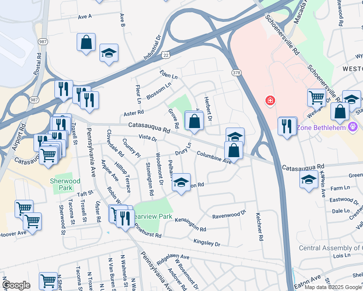 map of restaurants, bars, coffee shops, grocery stores, and more near 2010 Vista Drive in Bethlehem