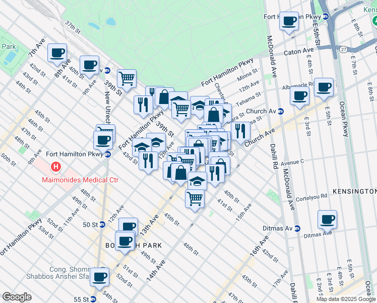 map of restaurants, bars, coffee shops, grocery stores, and more near 1238 39th Street in Brooklyn
