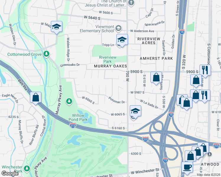 map of restaurants, bars, coffee shops, grocery stores, and more near 5980 Roanoke Circle in Murray