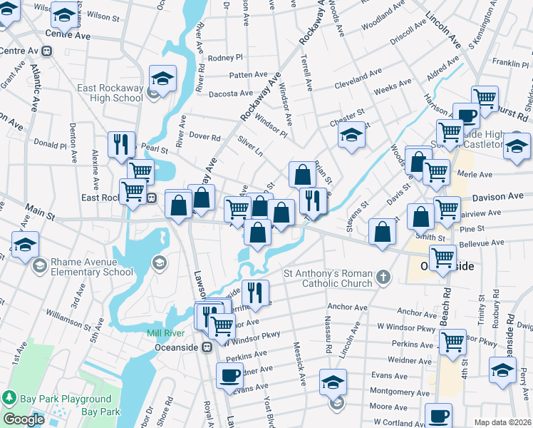 map of restaurants, bars, coffee shops, grocery stores, and more near 2915 Davison Street in Oceanside